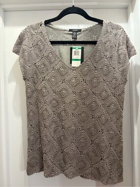 Alfani Taupe Crochet V-Neck Short Sleeve Tunic